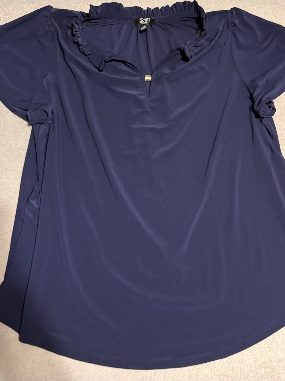 Jones New York Navy Ruffle-Trim Short Sleeve Blouse